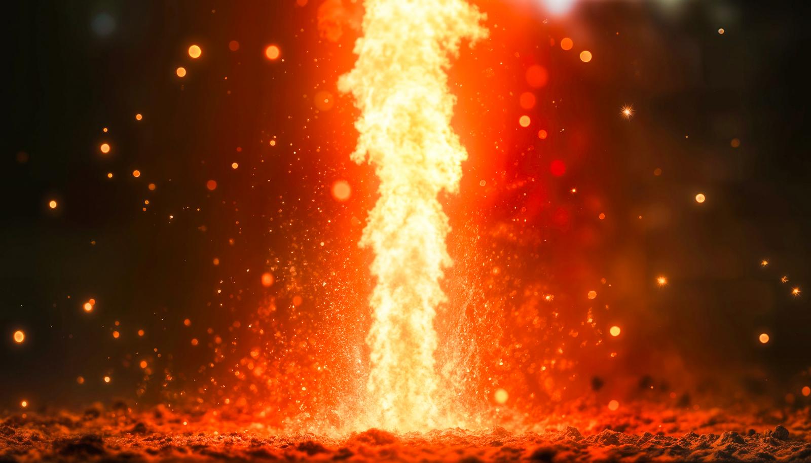 暗闇の中で地面から勢いよく噴き上がる火柱と周囲に飛び散る火の粉