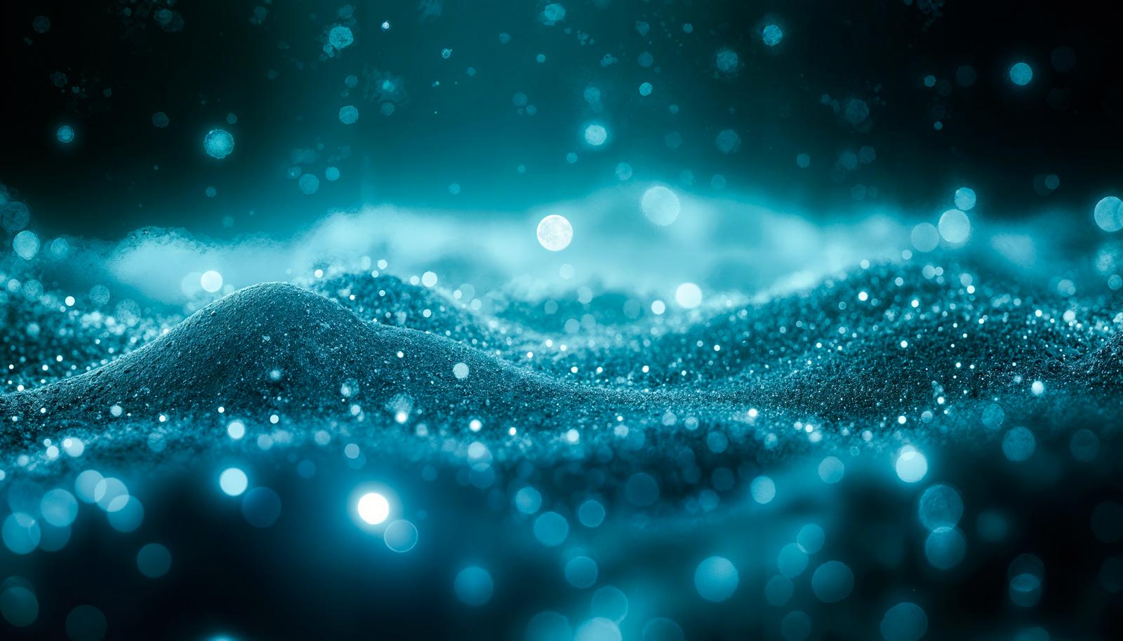 青く光る細かな粒子と無数のボケが浮かぶ砂状のエフェクト背景
