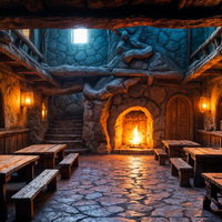 暖炉が灯るファンタジー酒場の内観のAI画像