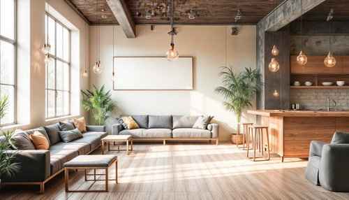 Open-Plan Cafe Lounge Interior with Pendant Lights — Free Stock Image