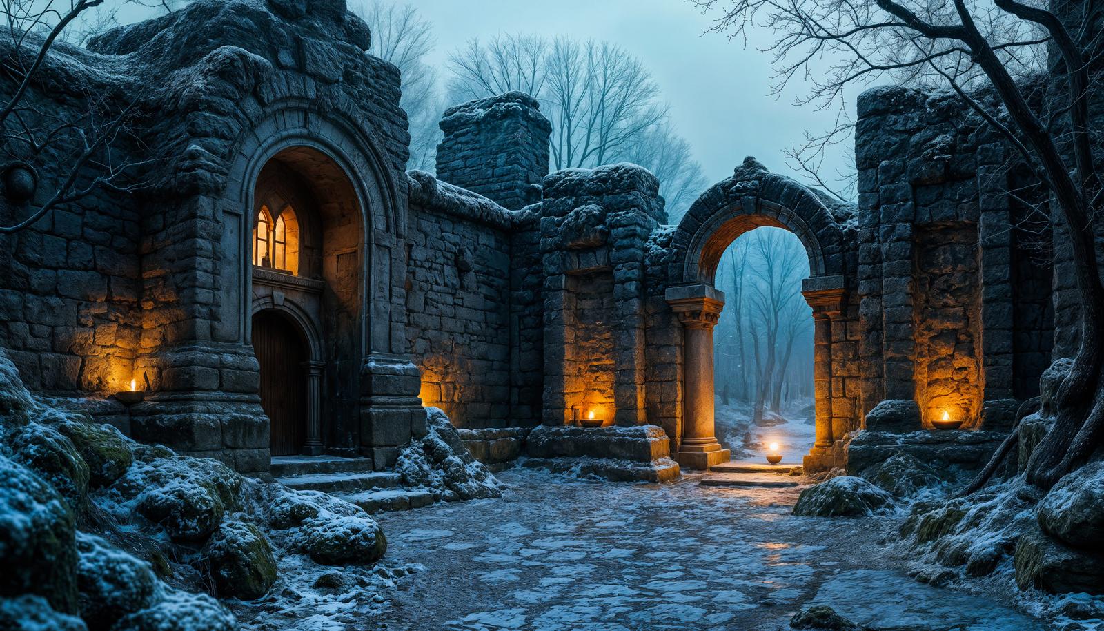 AI-rendered stone ruins with two arched openings covered in snow, lit by amber lanterns at ground level, with bare winter trees visible through the gateway at dusk.