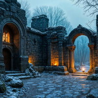 雪の積もる石造りの古い遺跡のAI画像