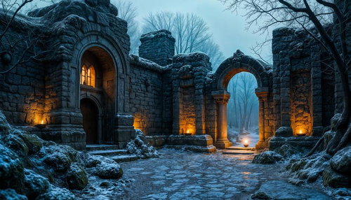 Snow-Covered Stone Ruins with Arched Gate at Dusk — Free Fantasy Background Image