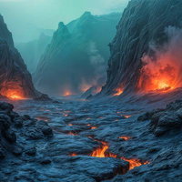 マグマが流れる地底の谷のAI画像
