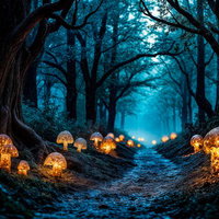 光るキノコが灯る夜の森の小道のAI画像