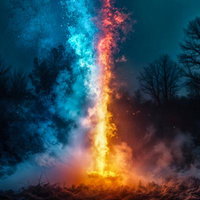 夜空に立ち上る二色の火柱のAI画像