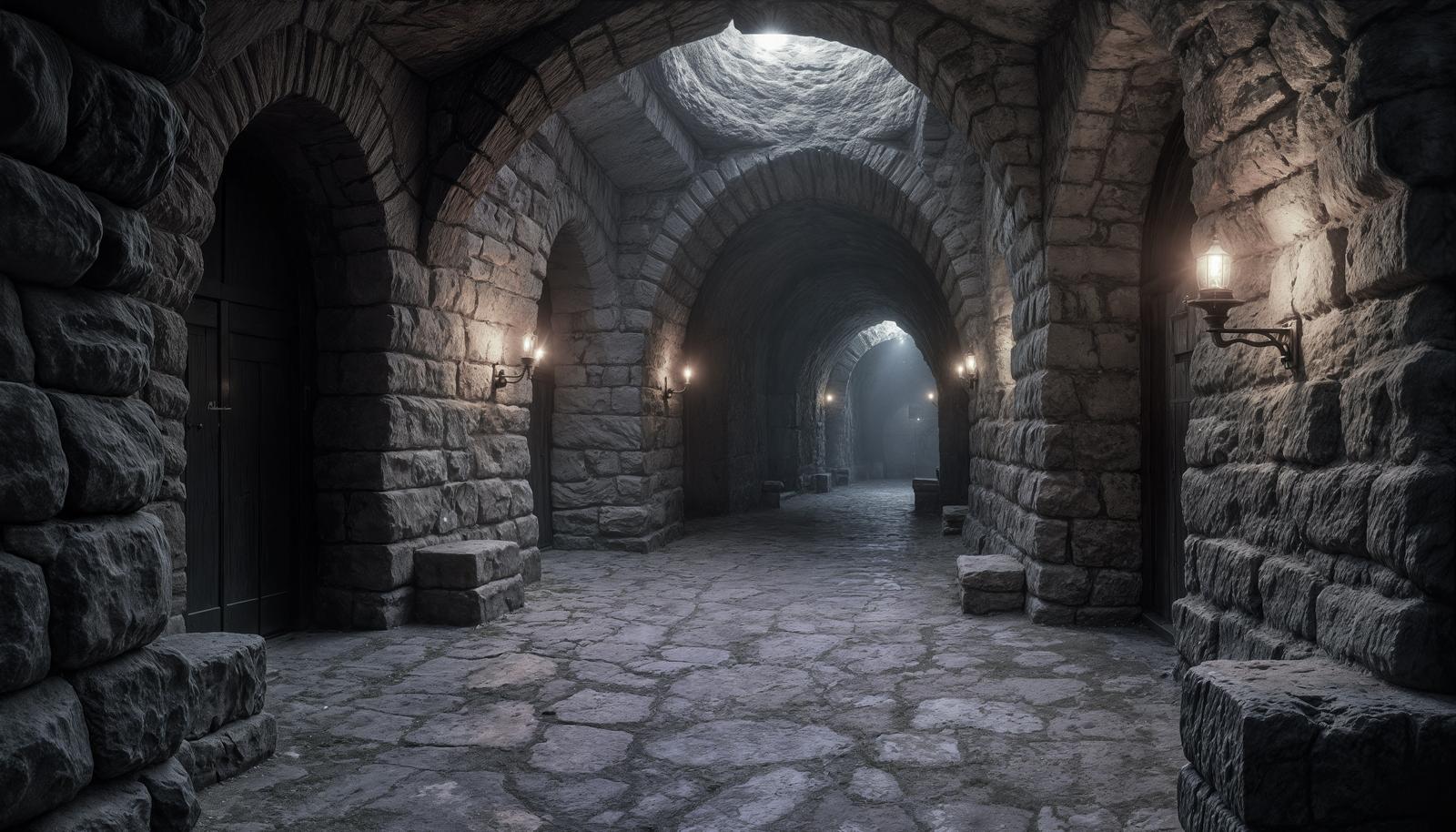 AI-generated stone dungeon corridor with multiple receding arches, iron wall lanterns casting warm light on rough gray masonry and irregular flagstone floor.