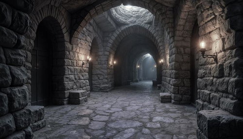 Dark Stone Dungeon Corridor with Arches — Free Fantasy Background Image