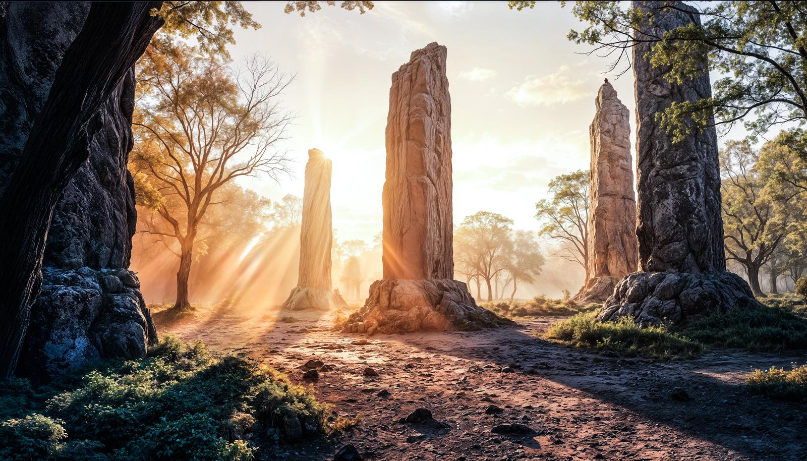森の中で朝日に照らされる3本の古代巨石遺跡のAI画像