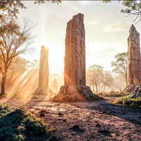 森の中にそびえる古代の巨石遺跡のAI画像