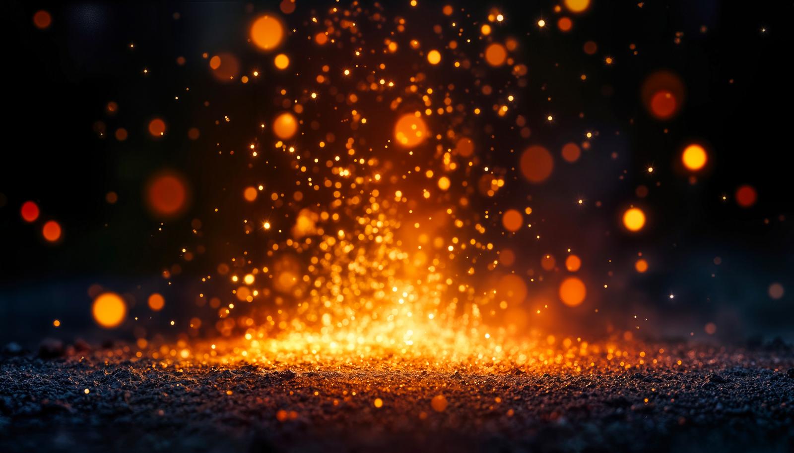 暗い背景に向かって地面から飛び散るオレンジ色の火花と光の粒子