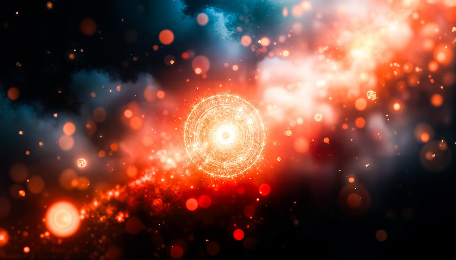 赤く発光する円形の魔法陣と、周囲に広がる光の粒子と煙のAI画像