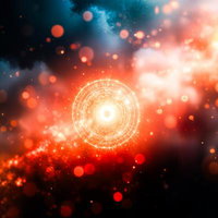 赤く輝く魔法陣と光の粒子のAI画像