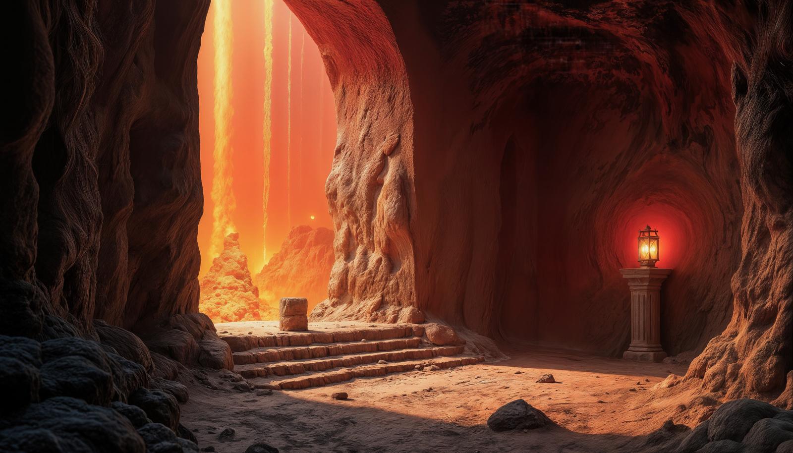 AI-rendered underground cave with arched rock opening, orange lava glow beyond, carved stone steps at center, and a red-lit lantern on a stone column to the right.