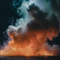 暗闇に立ち上る炎と煙の爆発エフェクトのAI画像