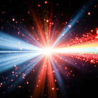 交差する光線と飛び散る光の粒子のAI画像