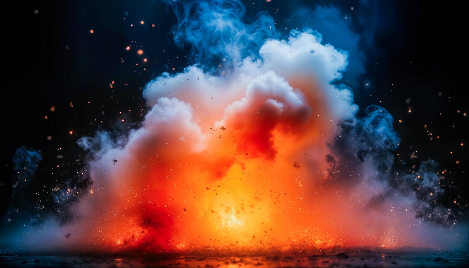 オレンジ色の炎と青い煙が広がる爆発エフェクトのAI画像