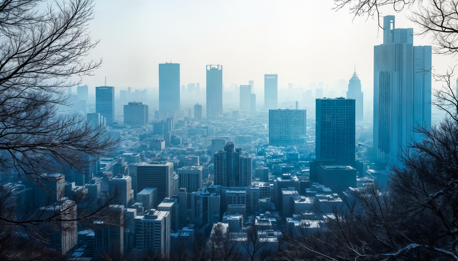 Elevated view of a dense city skyline with high-rise towers framed by bare winter trees, rendered in cool blue-grey tones under a hazy pale sky.