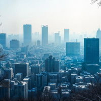 霞がかる青い都市のビル群のAI画像