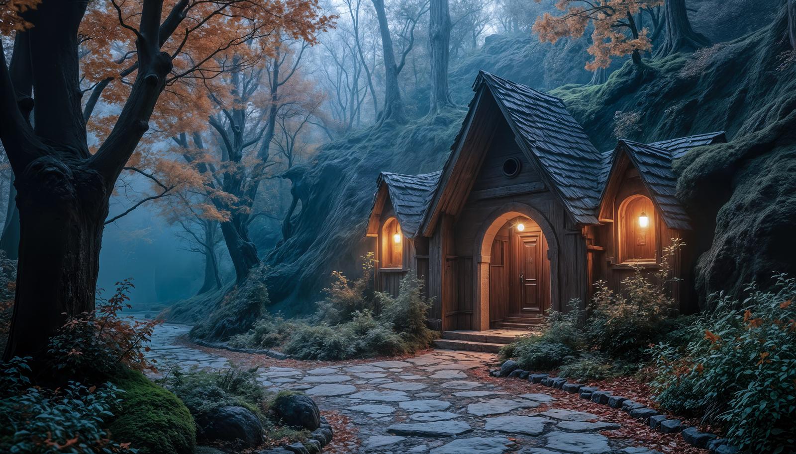 霧の深い森に佇む三角屋根の小屋とランタンの灯りのファンタジー画像
