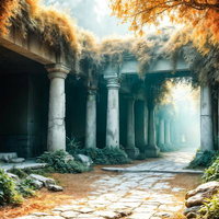 蔦に覆われた古代神殿の遺跡のAI画像