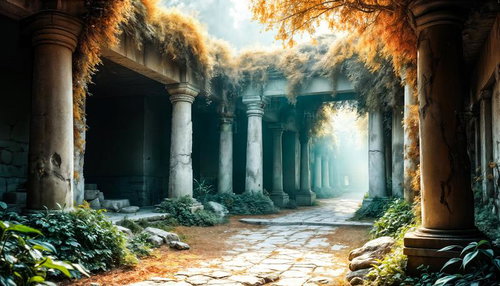 蔦に覆われた古代神殿の遺跡のAI素材
