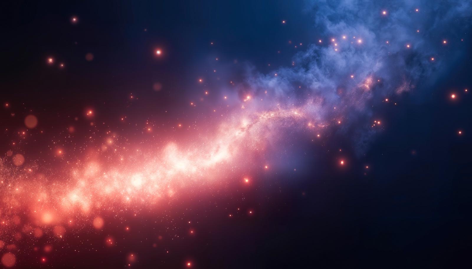 赤い粒子の帯と青紫の星雲が斜めに広がる銀河風の光のエフェクト