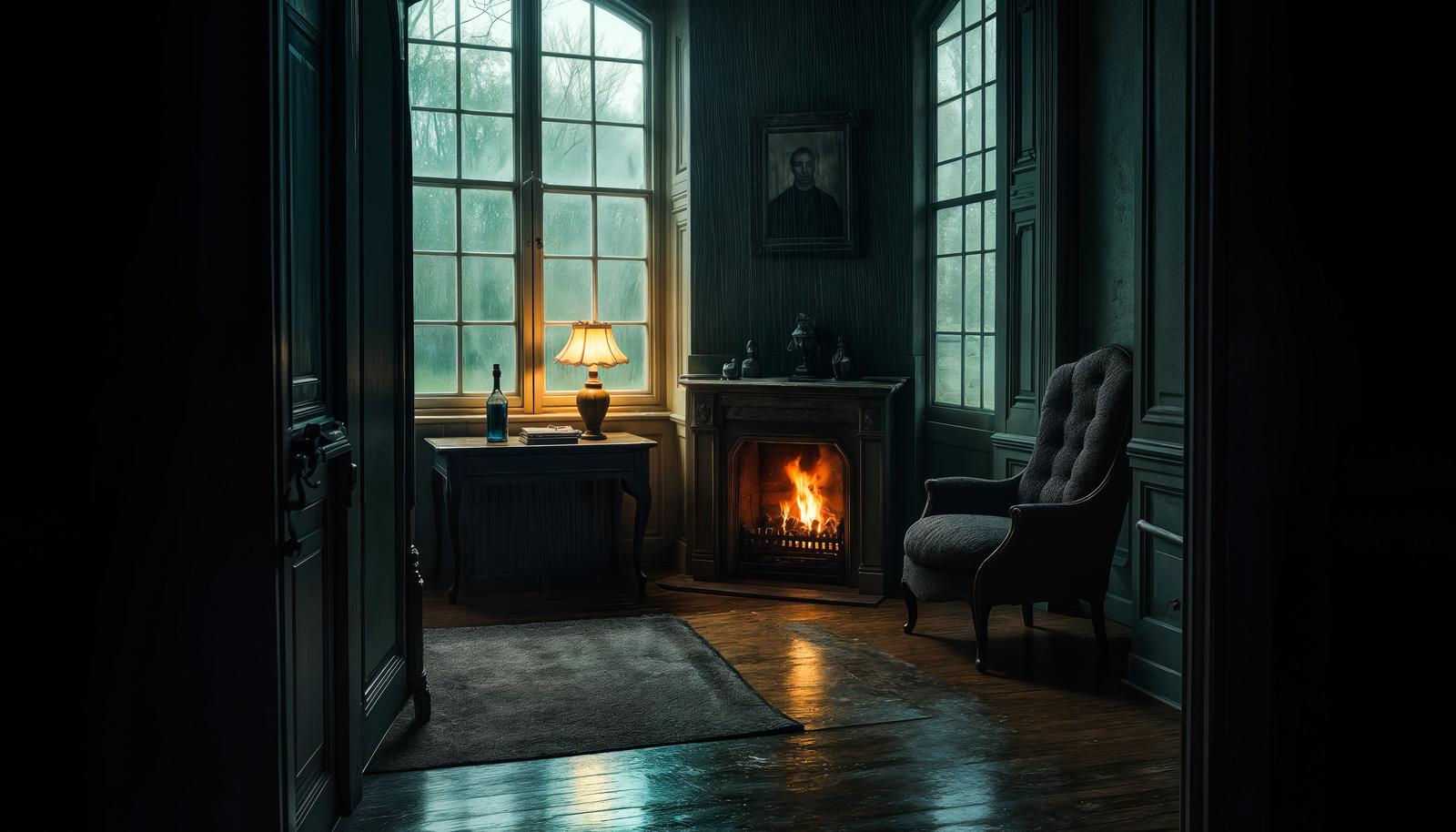Dark room viewed through open double doors, fireplace with orange flames, tufted armchair, lit table lamp, rainy grid windows, portrait painting on teal wall.