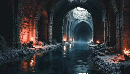 松明が照らす地下水路のダンジョンのAI素材
