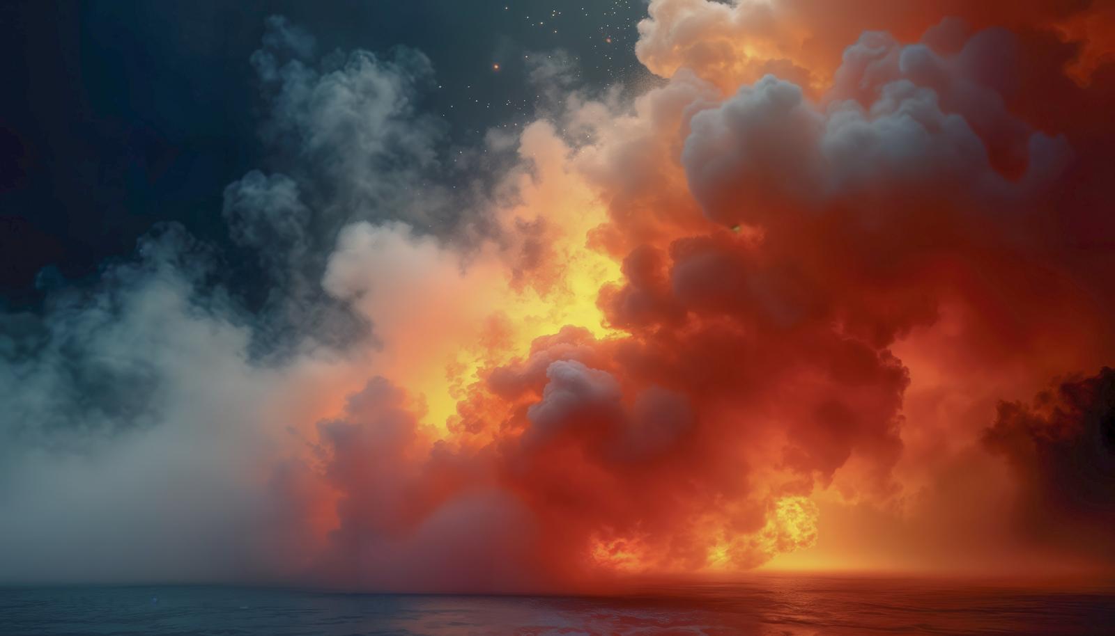 海面の上で赤い炎と白い煙が大きく立ち上り夜空へ広がる爆発のAI画像