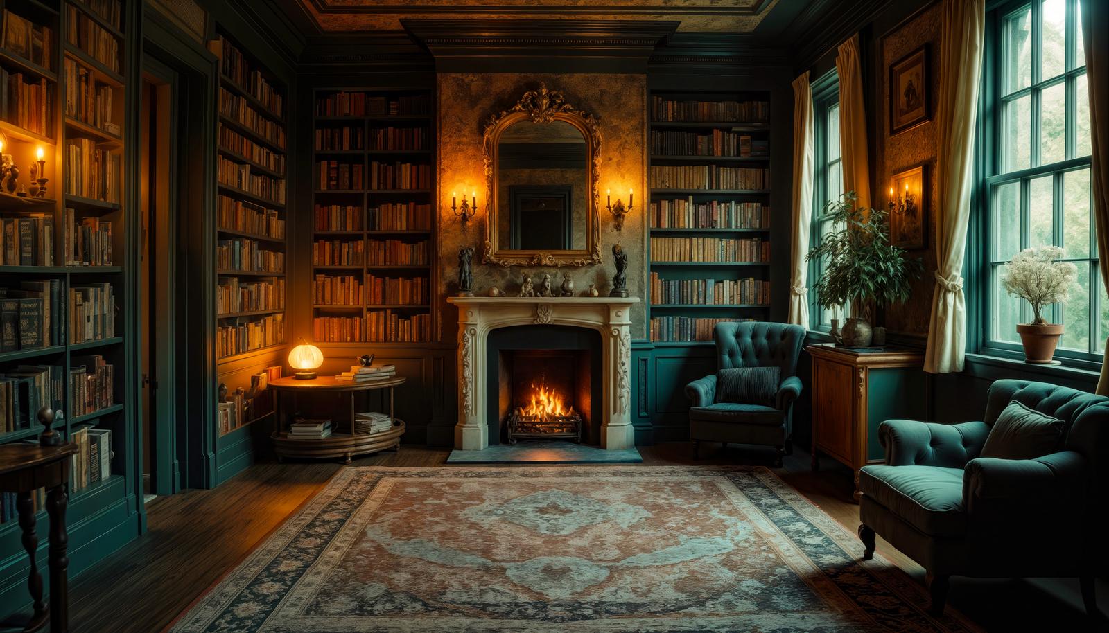 Dimly lit classic study room with lit fireplace, floor-to-ceiling bookshelves, ornate gold mirror, teal tufted armchairs, and a patterned area rug on hardwood floor.