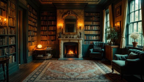 Dark Library Room with Fireplace and Bookshelves — Free Interior Background Image