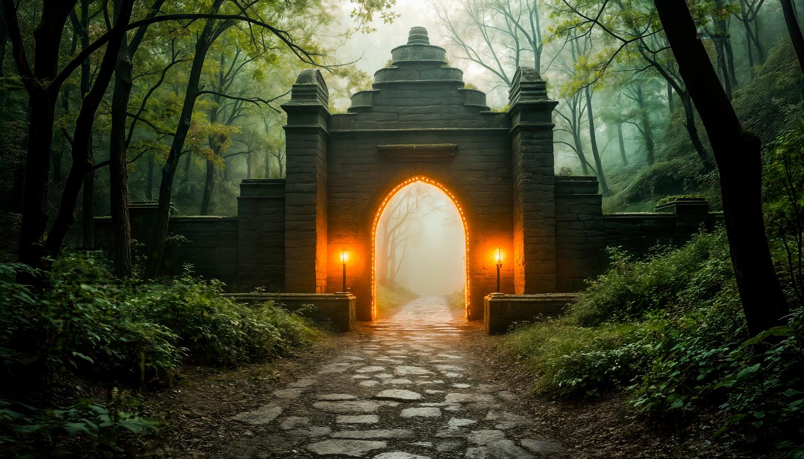 霧立ち込める森の中、橙色のランタンが灯る石造りのアーチ門と石畳の道