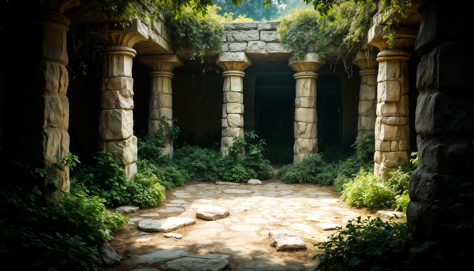 蔓植物に覆われた石柱が並ぶ古代神殿風の遺跡と石畳の地面