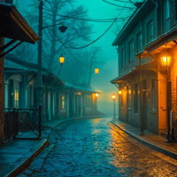 霧に包まれた夜の路地裏のAI画像