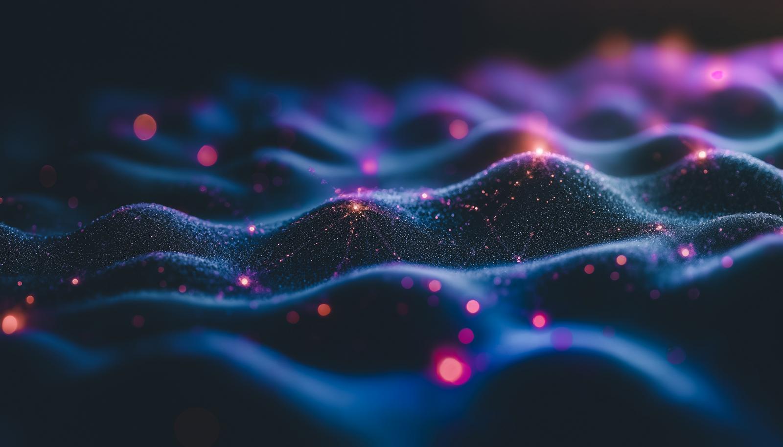 Abstract digital image of a blue particle wave with smooth undulating ridges and scattered pink and purple bokeh light orbs on a dark black background.