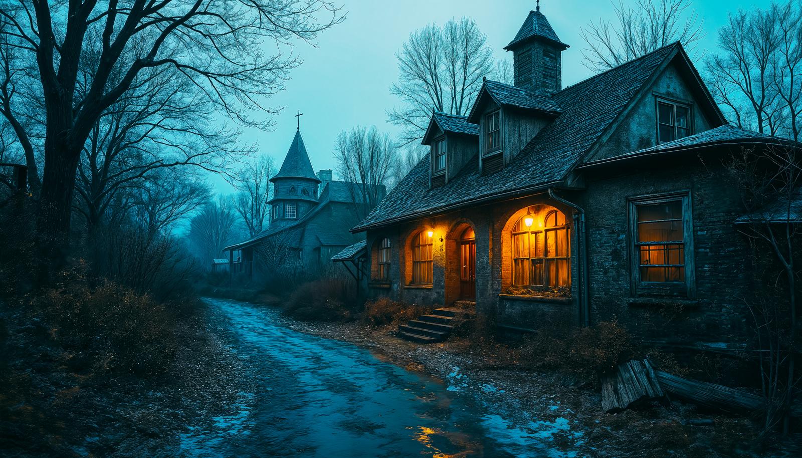 AI-generated image of a stone cottage with amber-lit arched windows and porch along a muddy path at dusk, with a church spire visible through bare winter trees in cool blue fog.