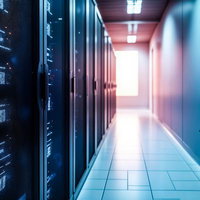 サーバーラックが並ぶデータセンターの通路のAI画像