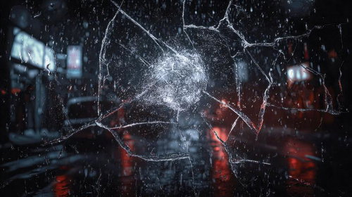 割れたガラス越しに見る雨の夜景と光、ネオン色に輝く都市風景