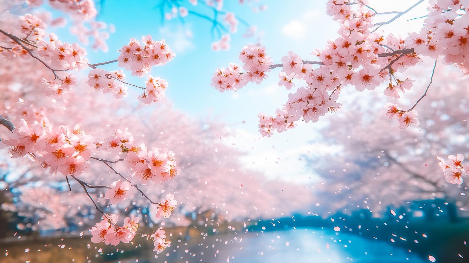 満開の桜枝と舞い散る花びら