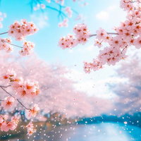 春風に吹かれて舞い踊る桜の写真