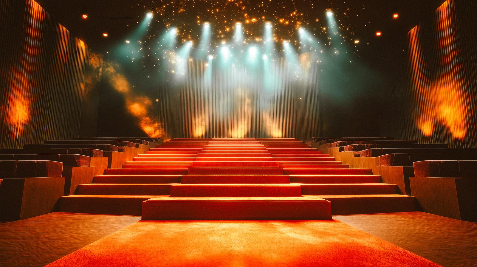 赤いカーペットと照明演出で彩られた劇場のステージのAI素材 - フリー