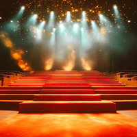 赤いカーペットと照明演出で彩られた劇場のステージの写真