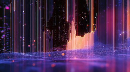 紫とオレンジの縦線グリッチエフェクト