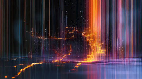 縦線ノイズエフェクトが重なったサイバーパンク調デジタル背景