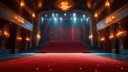 ゴールドライトが輝く荘厳な劇場ステージのレッドカーペット