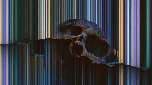 デジタルノイズに埋もれた骸骨のグリッチアート