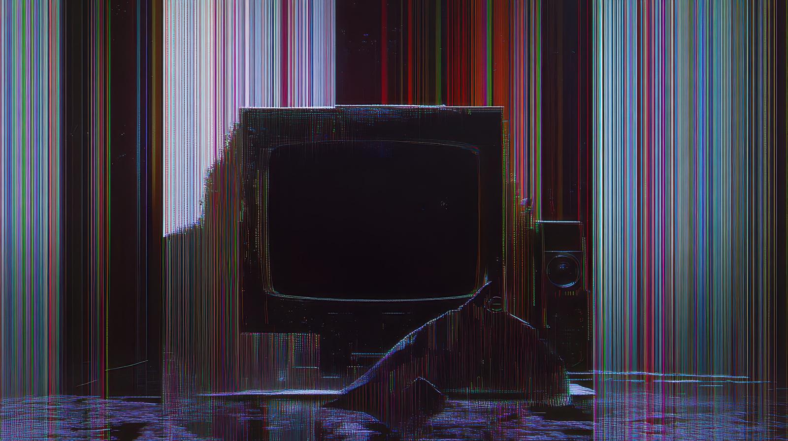 A glitch effect with red, blue, and green vertical line noise across the entire screen
