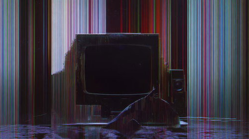 ブラウン管テレビに映る縦縞ノイズとグリッチエフェクト