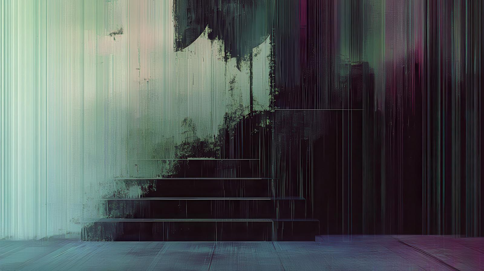 縦縞ノイズとグリッチエフェクトが入った階段のデジタルアート